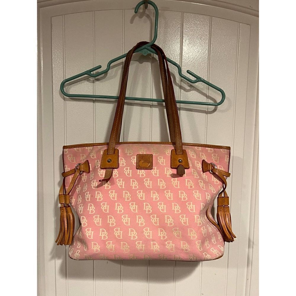Dooney & Bourke Signature Tote Pink/off-white letters Side Tassel Tote